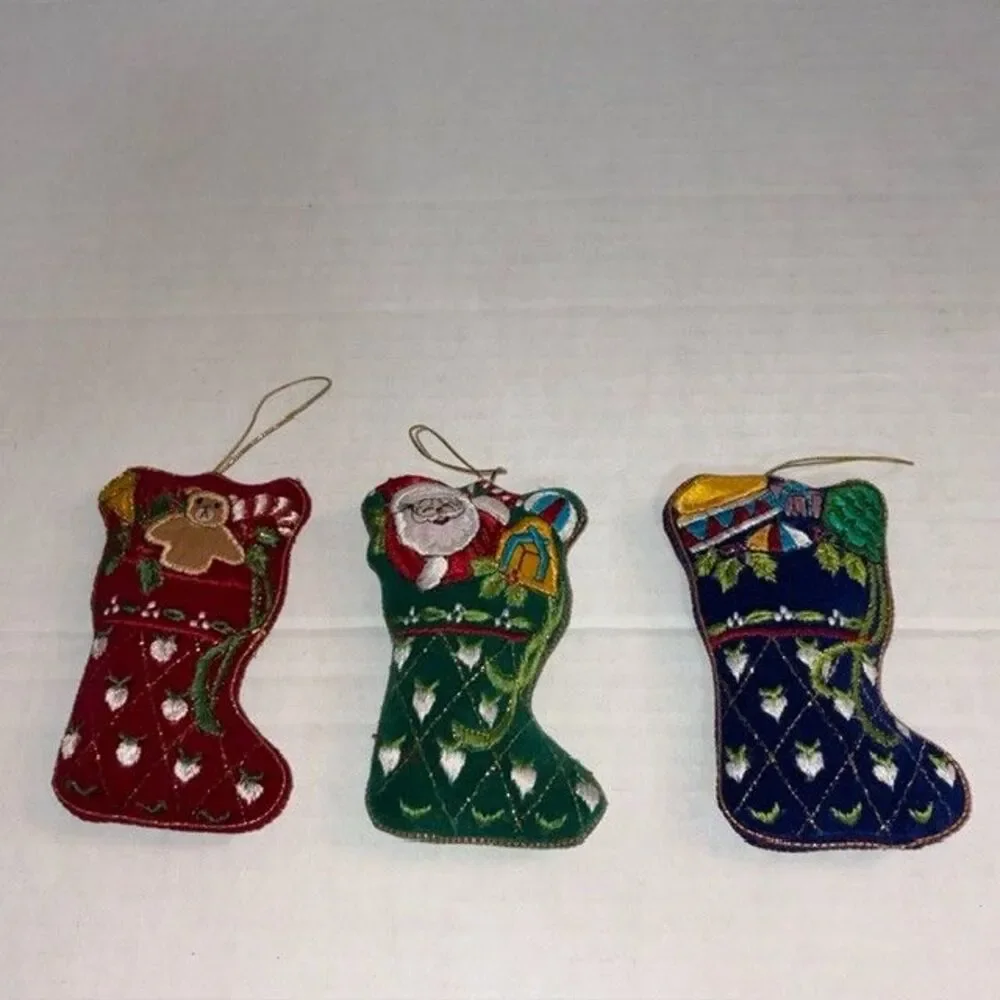 Lot of 3 Vintage Embroidered Applique Velvet Stocking Christmas Ornaments